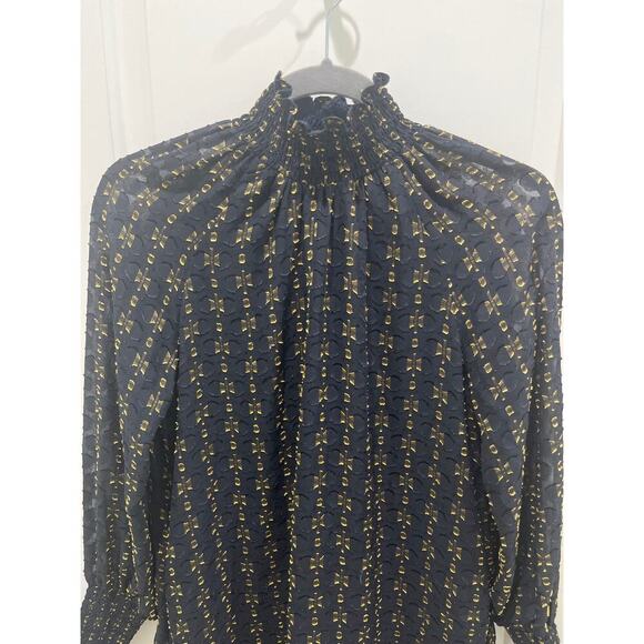 Amanda Uprichard Noemi Navy Gold Sheath High Neck Dress Sz XS - Picture 3 of 9